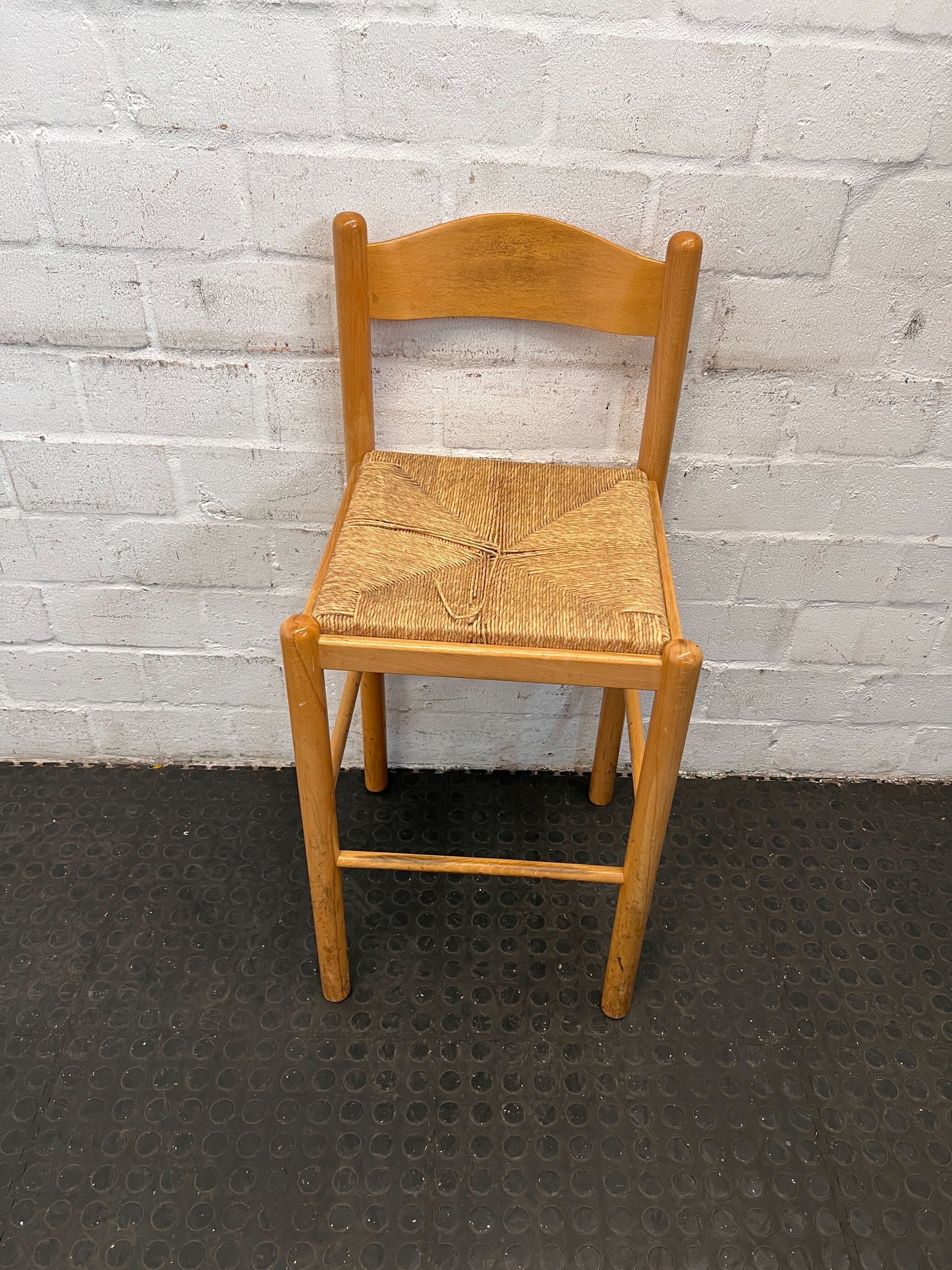 Vintage Natural Wood Bar Chair with Woven Seat – Minor Wear - 2ndhandwarehouse.com