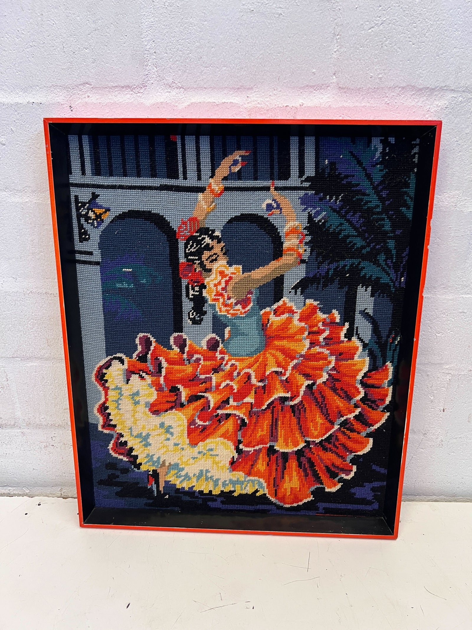 Vintage Needlepoint Art Framed Embroidery of Dancer in Orange Dress