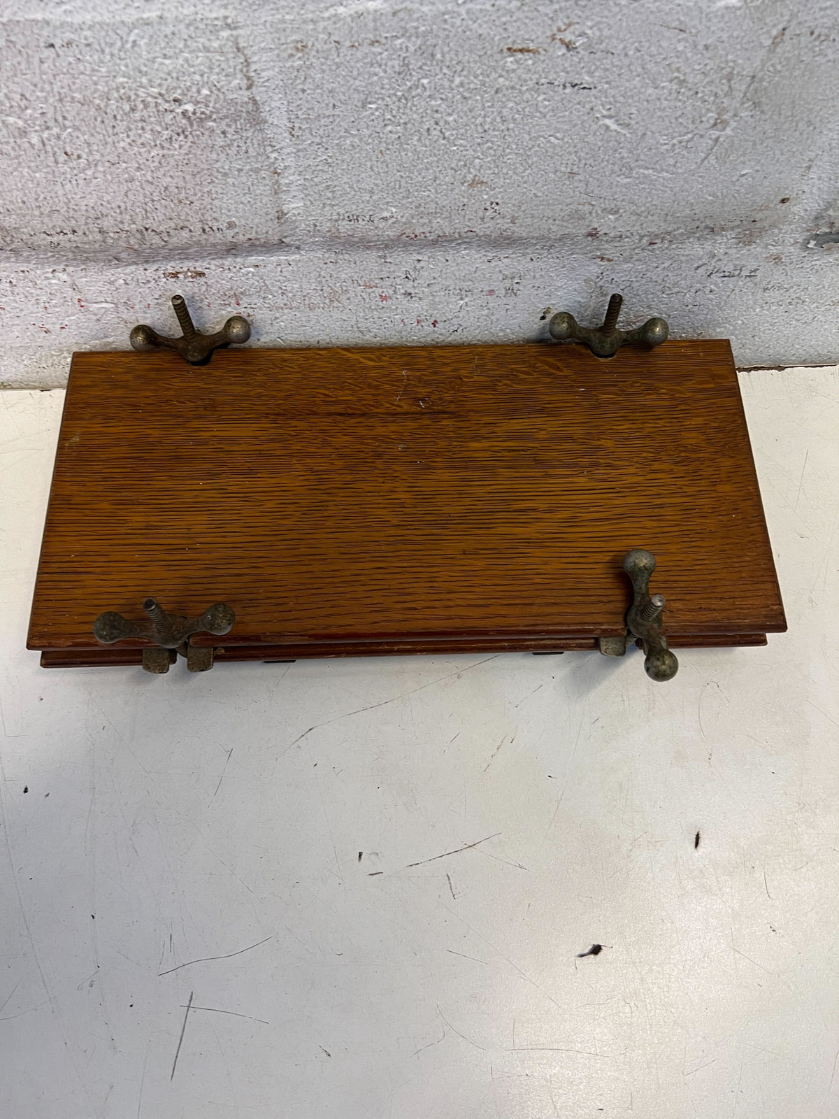 Vintage Oak Folding Table with Metal Clamps – Minor Wear