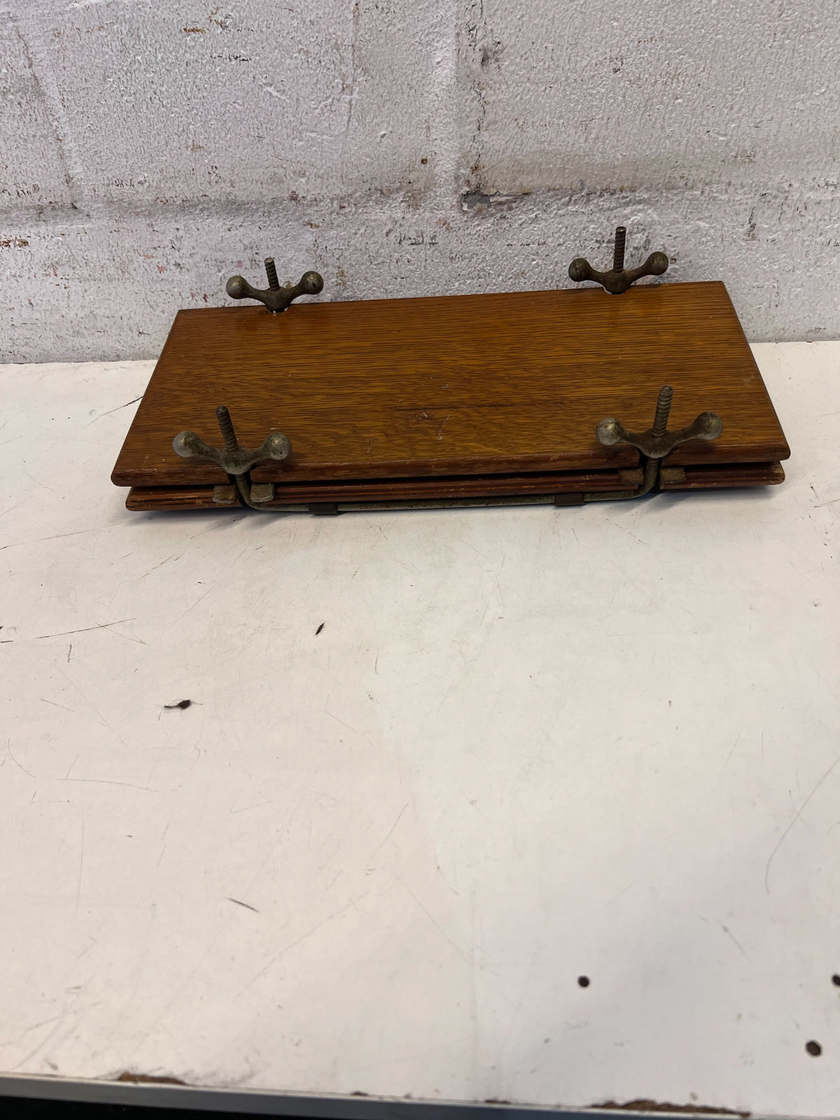 Vintage Oak Folding Table with Metal Clamps – Minor Wear