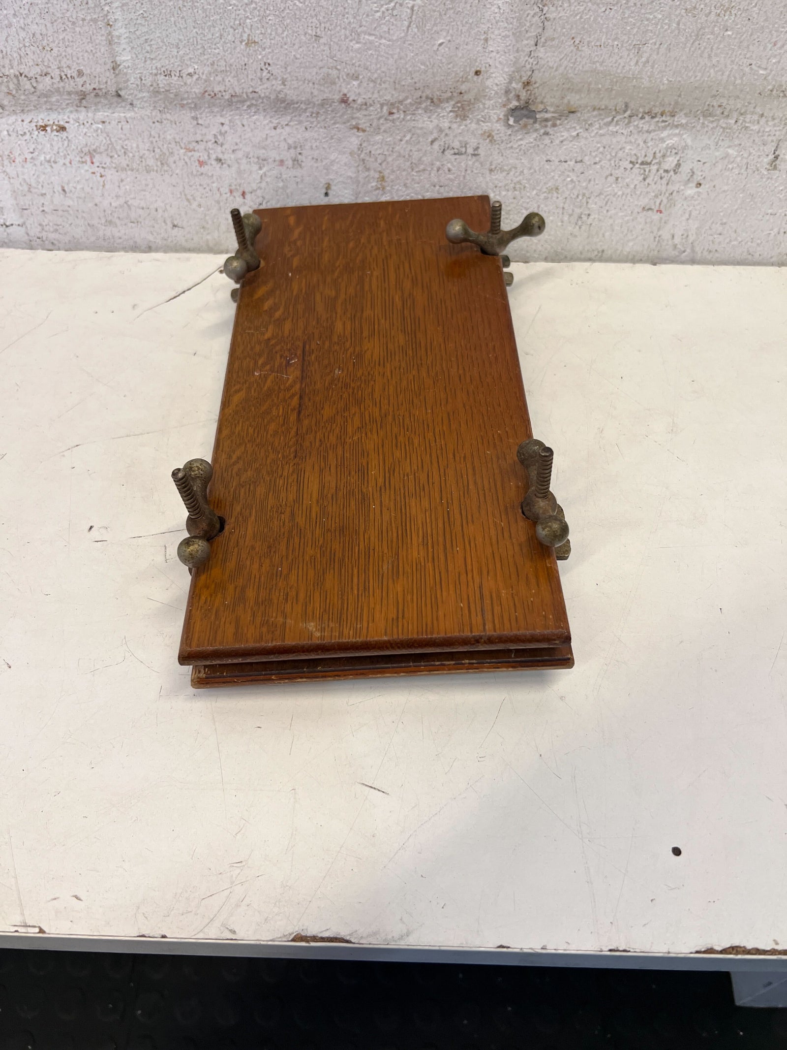 Vintage Oak Folding Table with Metal Clamps – Minor Wear