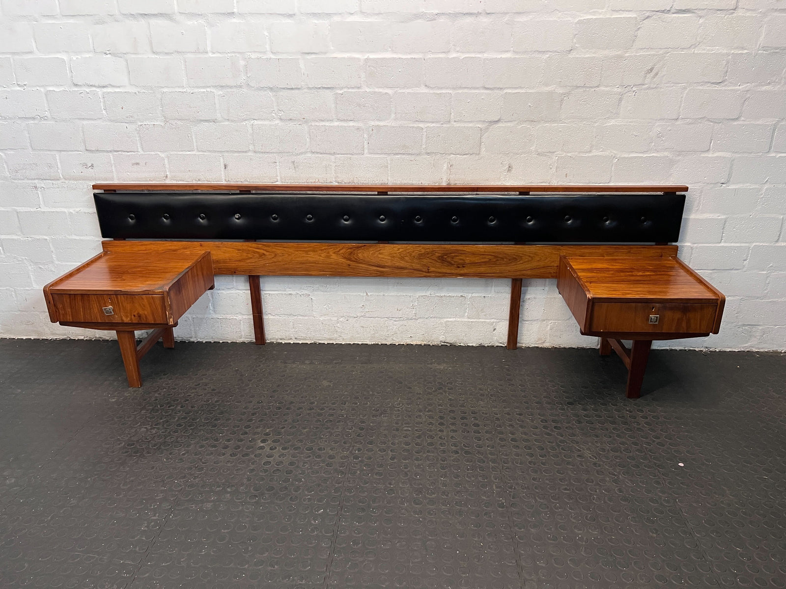 Vintage Oak Headboard with Black Upholstered Design and Drawers - REDUCED
