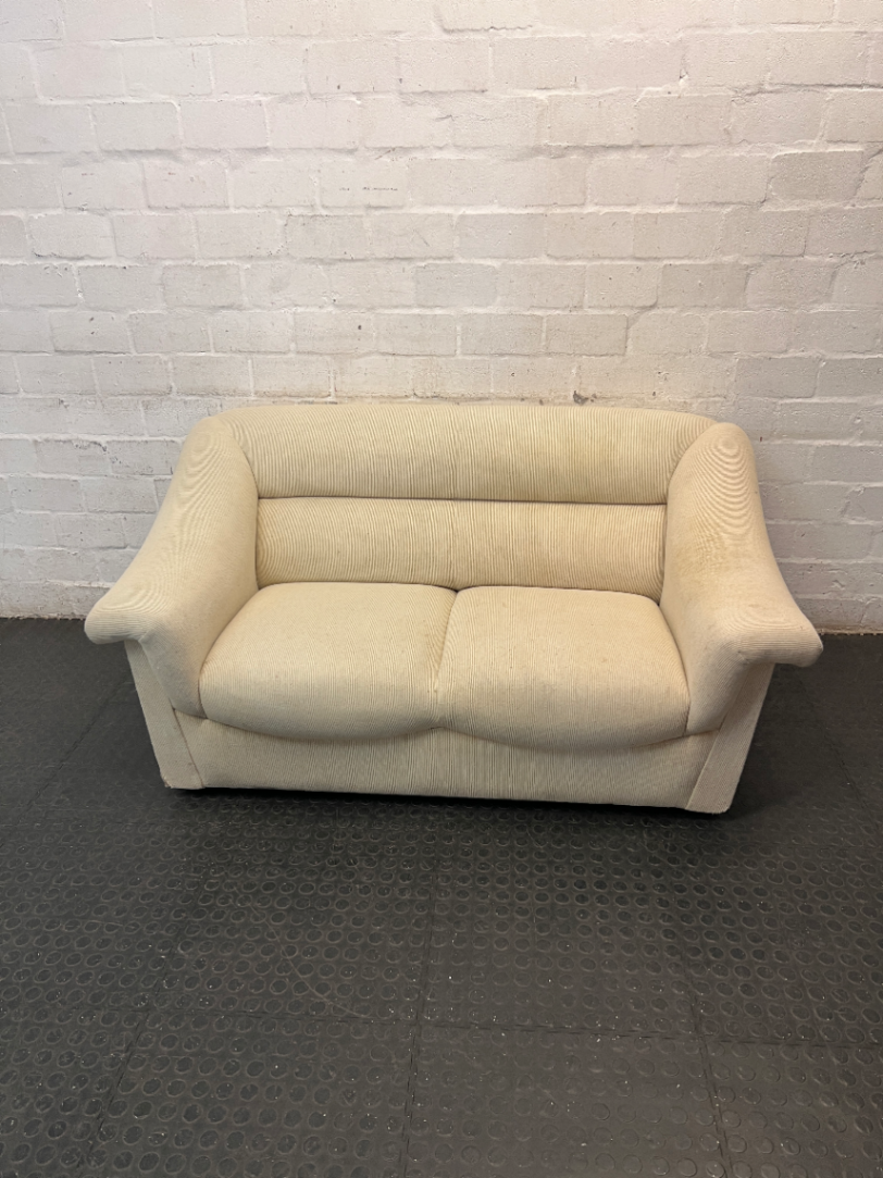 Vintage Off-White Corduroy 2 Seater Couch — Dusty Fabric with Small Water Marks