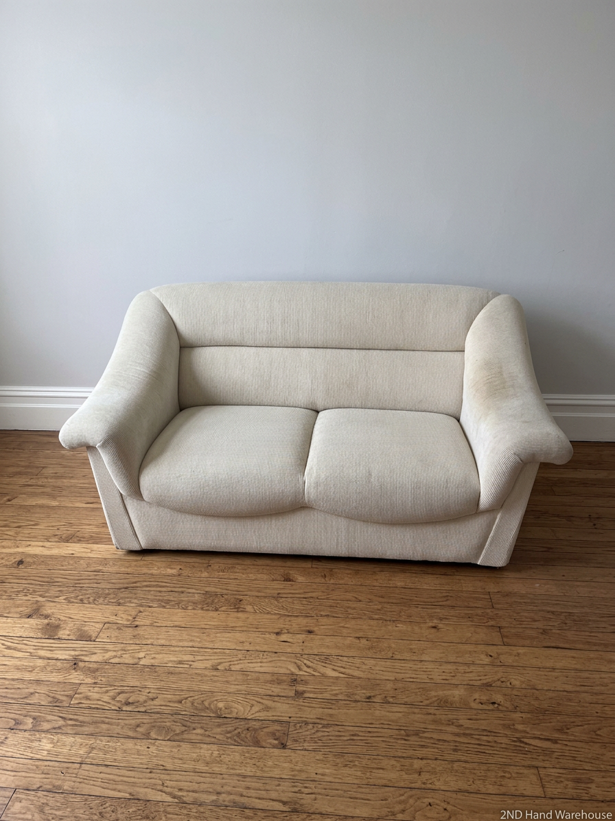 Vintage Off-White Corduroy 2 Seater Couch — Dusty Fabric with Small Water Marks