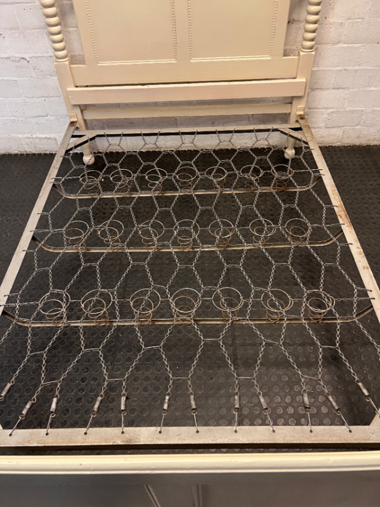 Vintage Style Cream Double Bed Frame with Spindle Posts — Fair Condition with Aged Finish and Base Patina