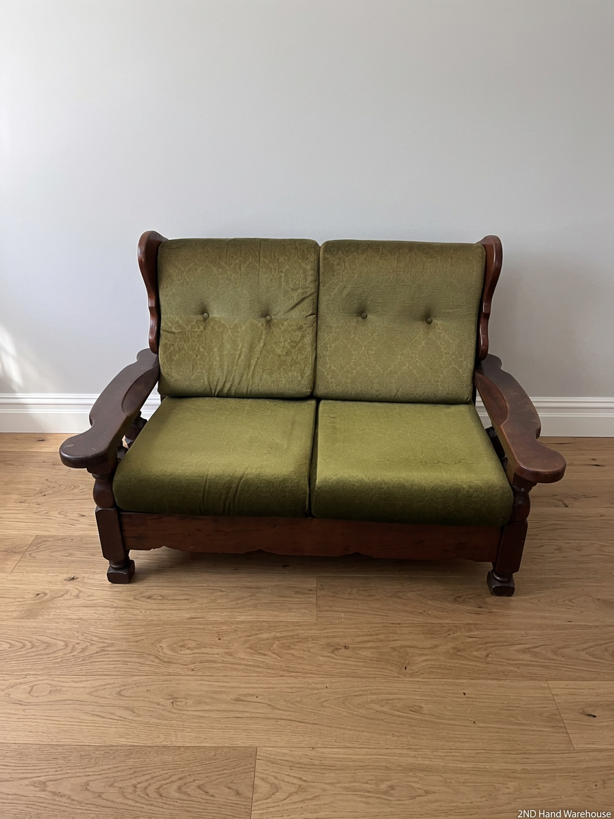 Vintage Style Green Fabric 2 Seater Couch with Wood Frame — Aged State with Scratched Woodwork