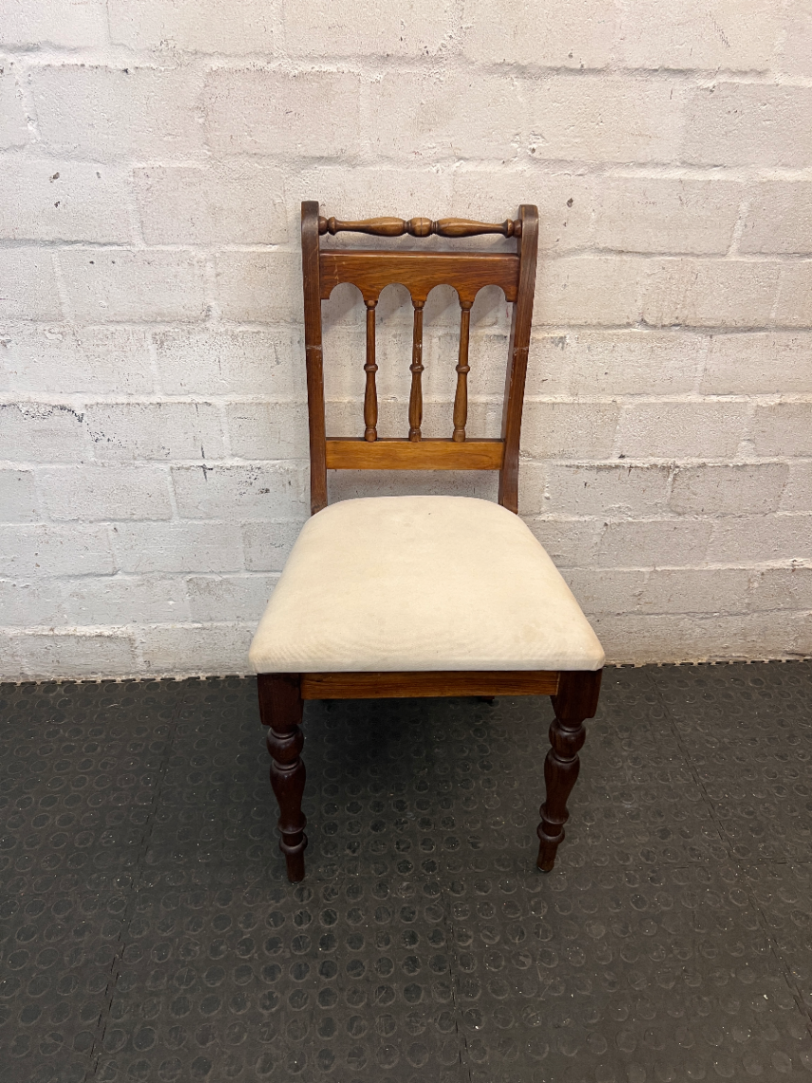 Vintage-Style Wooden Dining Chair with Turned Legs — Stained Fabric Seats