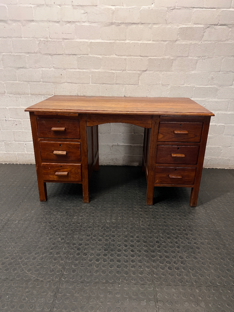 Vintage Style Wooden Double Pedestal Office Desk — Fair Condition with Visible Wear