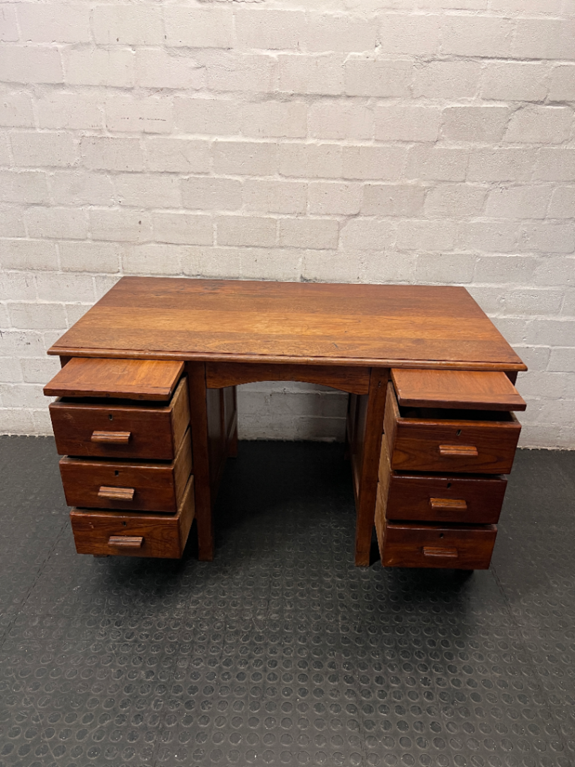 Vintage Style Wooden Double Pedestal Office Desk — Fair Condition with Visible Wear