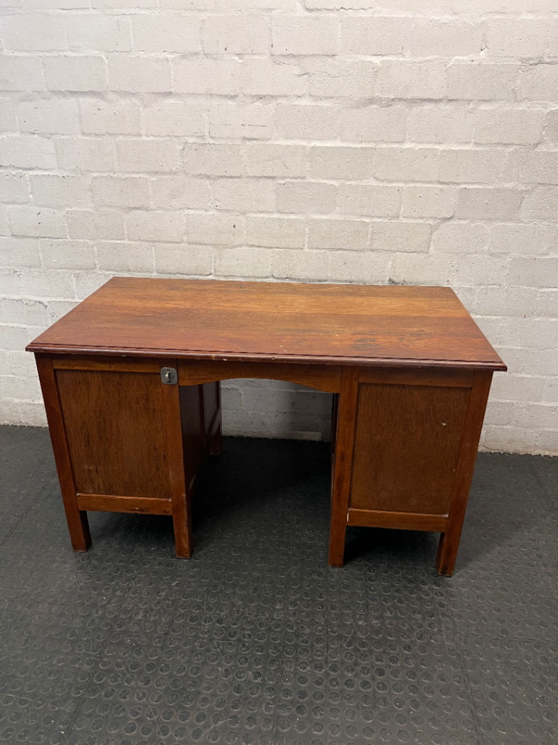 Vintage Style Wooden Double Pedestal Office Desk — Fair Condition with Visible Wear