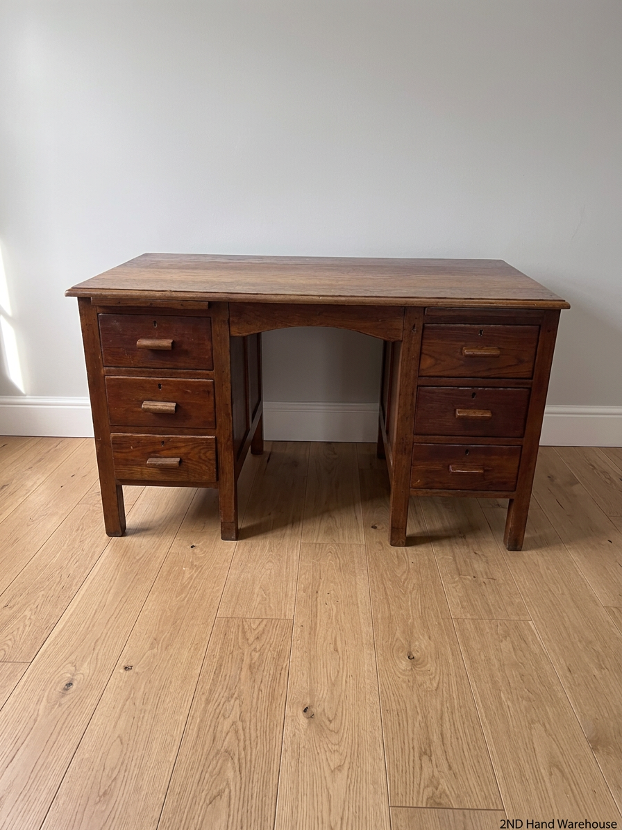 Vintage Style Wooden Double Pedestal Office Desk — Fair Condition with Visible Wear