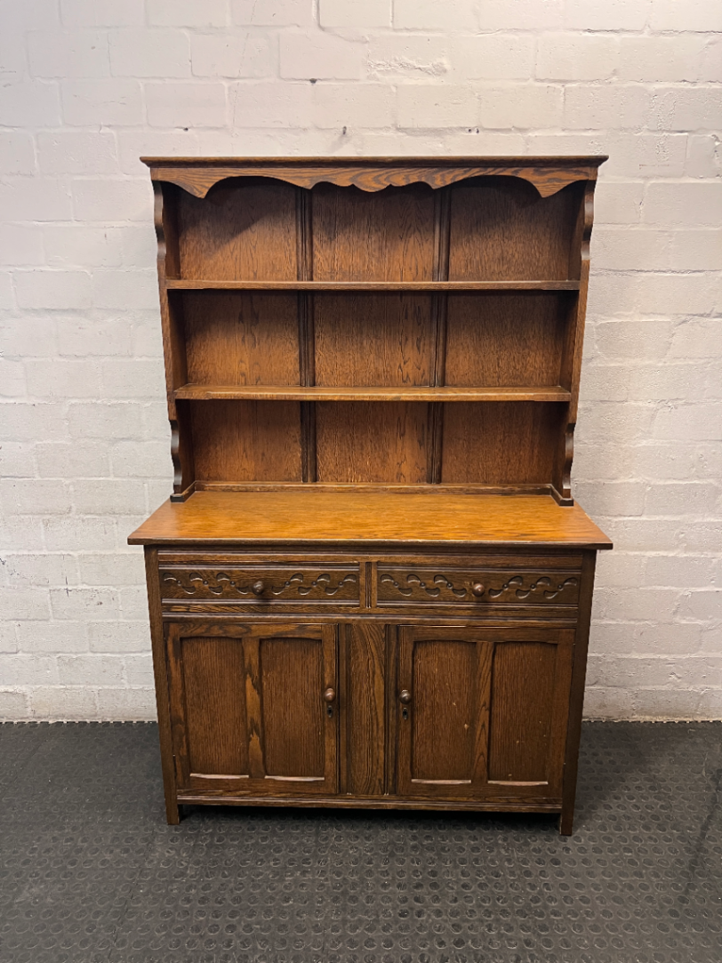 Vintage Style Wooden Welsh Dresser with Scalloped Hutch — Good Condition