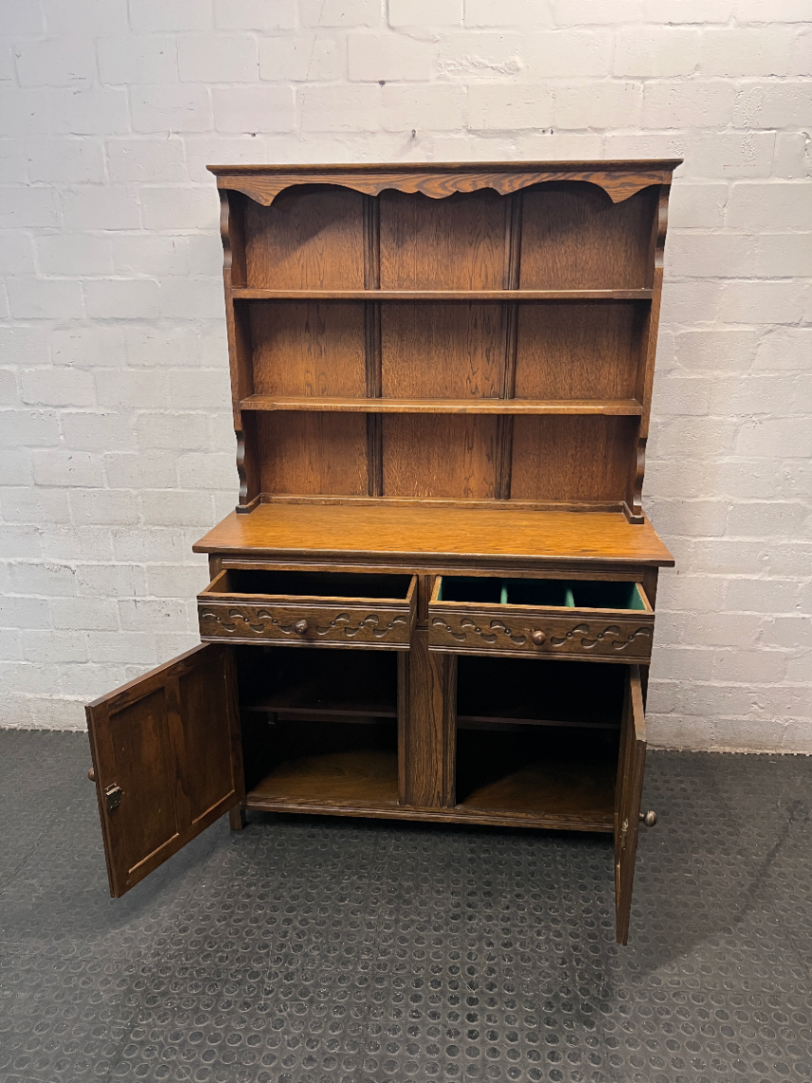 Vintage Style Wooden Welsh Dresser with Scalloped Hutch — Good Condition