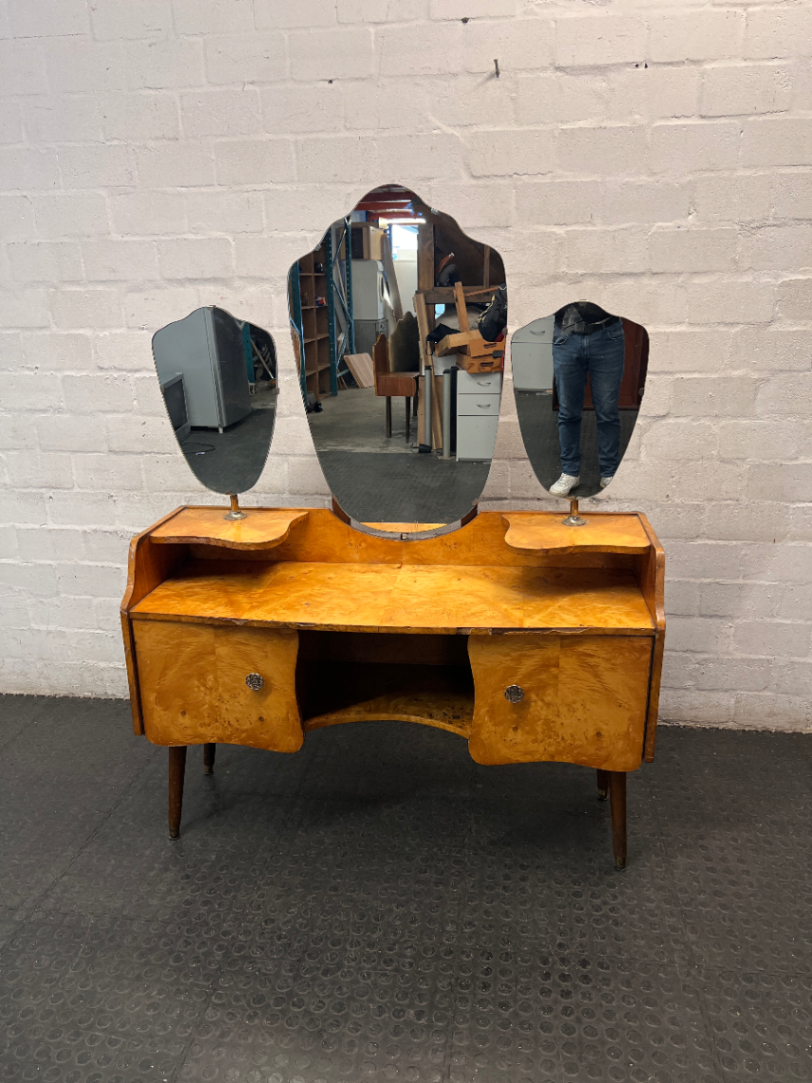 Vintage Triple Mirror Dressing Table — Fair Condition with Visible Wear