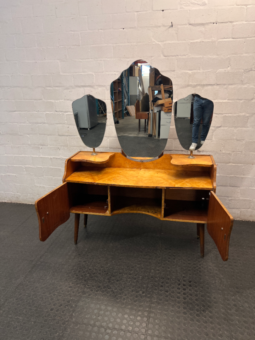 Vintage Triple Mirror Dressing Table — Fair Condition with Visible Wear