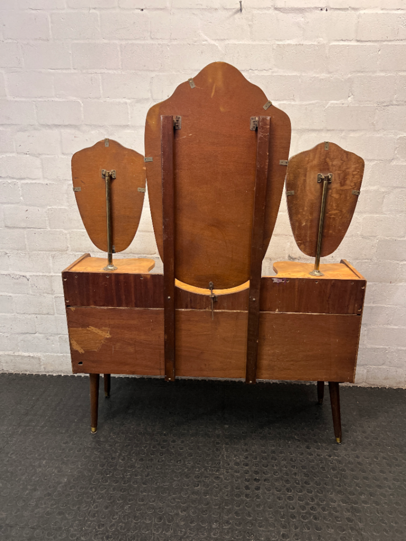 Vintage Triple Mirror Dressing Table — Fair Condition with Visible Wear