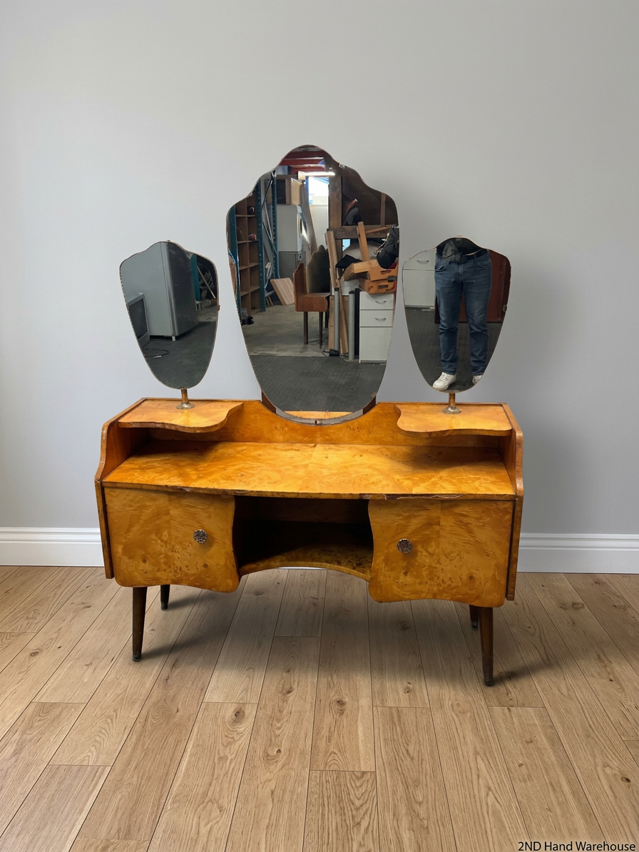 Vintage Triple Mirror Dressing Table — Fair Condition with Visible Wear