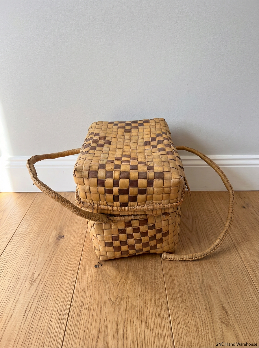 Vintage Two-Tone Woven Rattan Picnic Basket with Lid - 2ndhandwarehouse.com