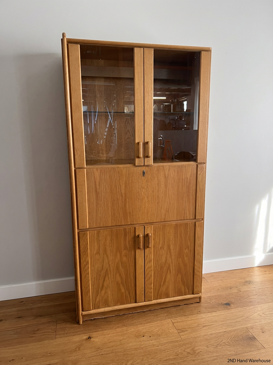 Vintage Wood Finish Display Cabinet with Drinks Flap - Good Condition - 2ndhandwarehouse.com
