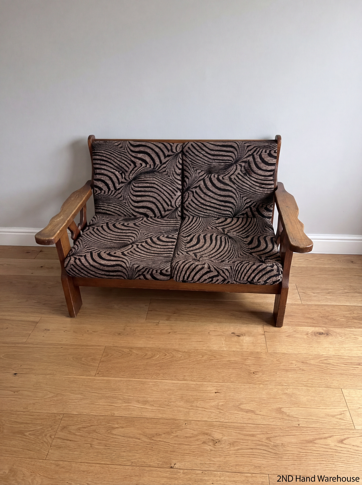 Vintage Wooden 2-Seater Sofa with Zebra Pattern Upholstery - 2ndhandwarehouse.com