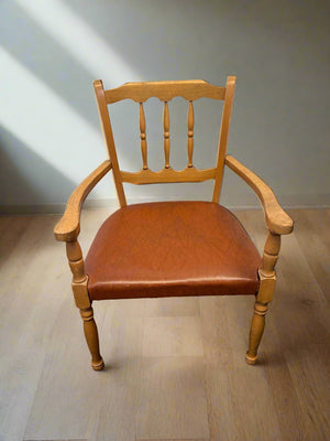 Vintage Wooden Armchair with Brown Upholstered Seat