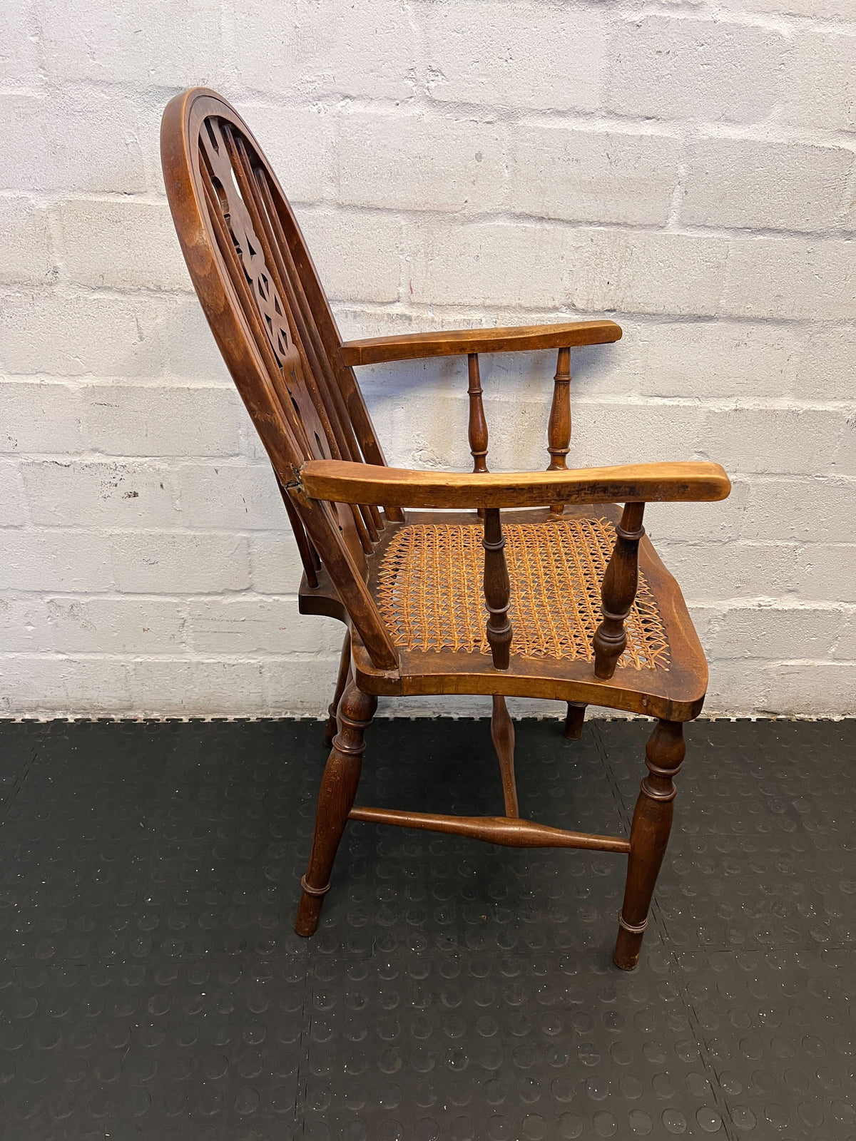 Vintage Wooden Cane Chair with Intricate Design – Slight Wear