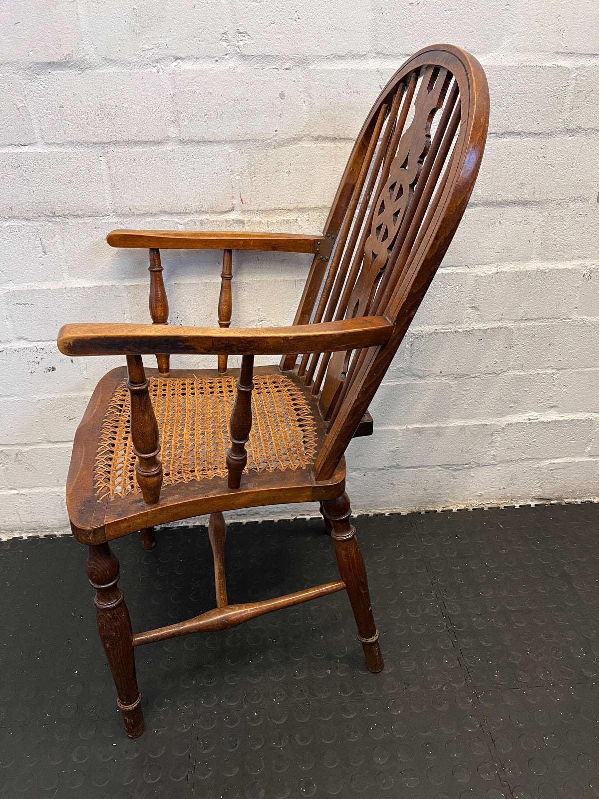 Vintage Wooden Cane Chair with Intricate Design – Slight Wear