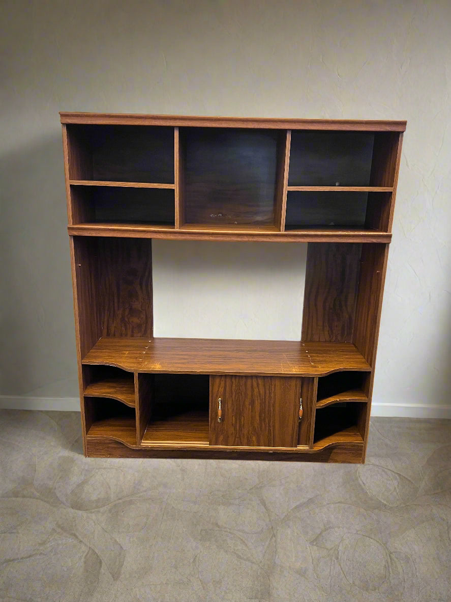 Vintage Wooden Entertainment Unit with Shelves and Cabinets