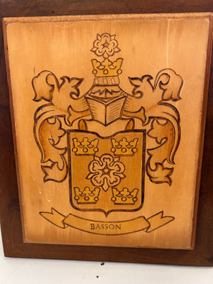 Vintage Wooden Family Crest Plaque - Basson Engraving