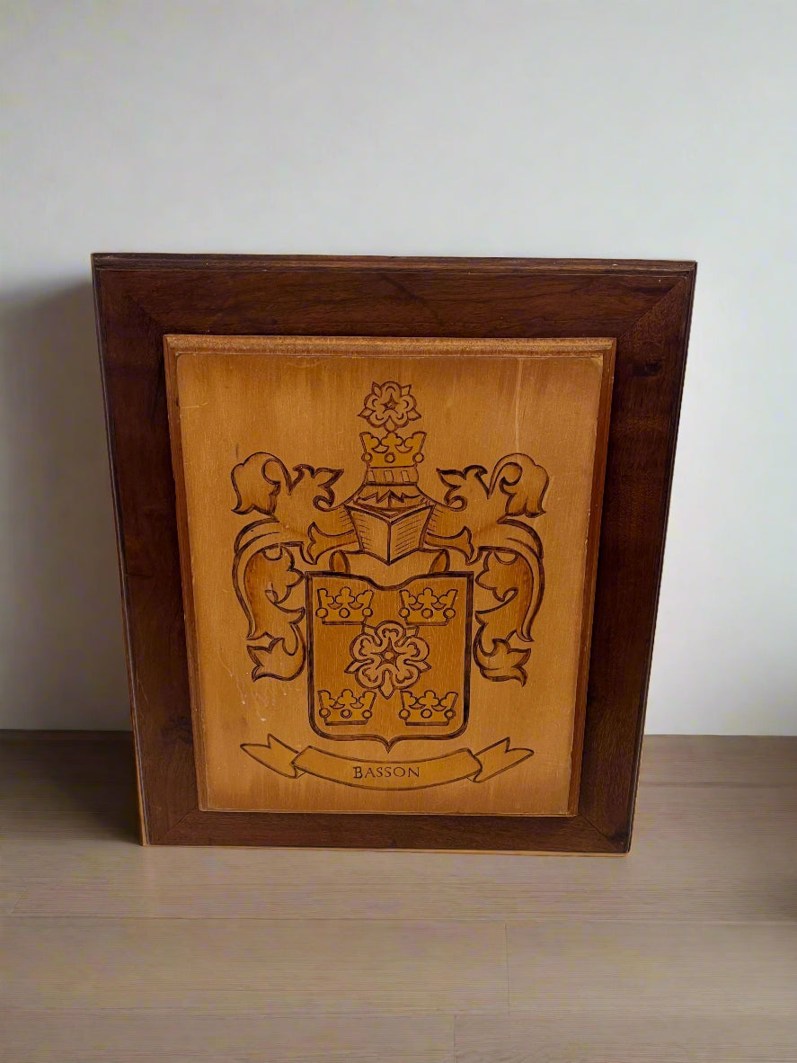 Vintage Wooden Family Crest Plaque - Basson Engraving