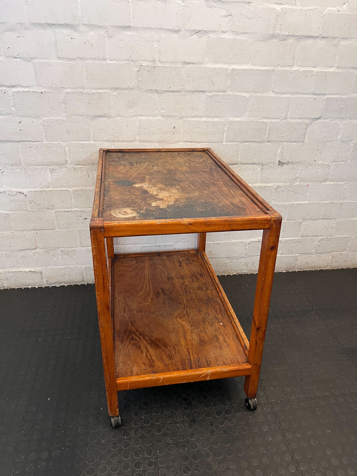 Vintage Wooden Serving Trolley | Rustic Two-Tier Mobile Side Table - 2ndhandwarehouse.com