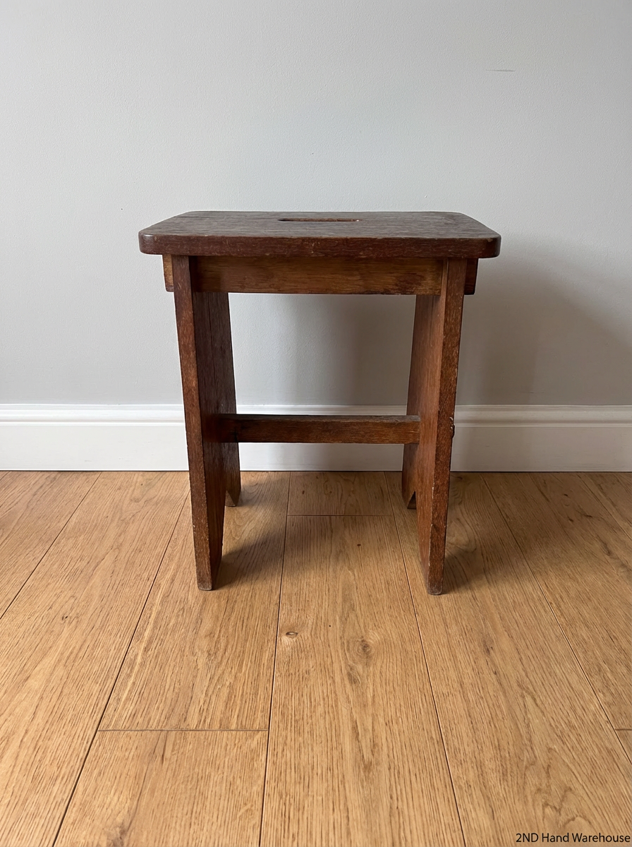 Vintage Wooden Stool with Handle - Well Used, Surface Scratches - 2ndhandwarehouse.com