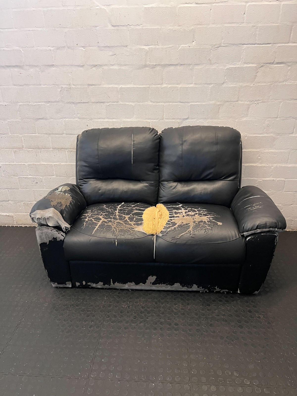 Well-Loved Black 2-Seater Sofa - Upcycle Project! - Damaged heavily - 2ndhandwarehouse.com