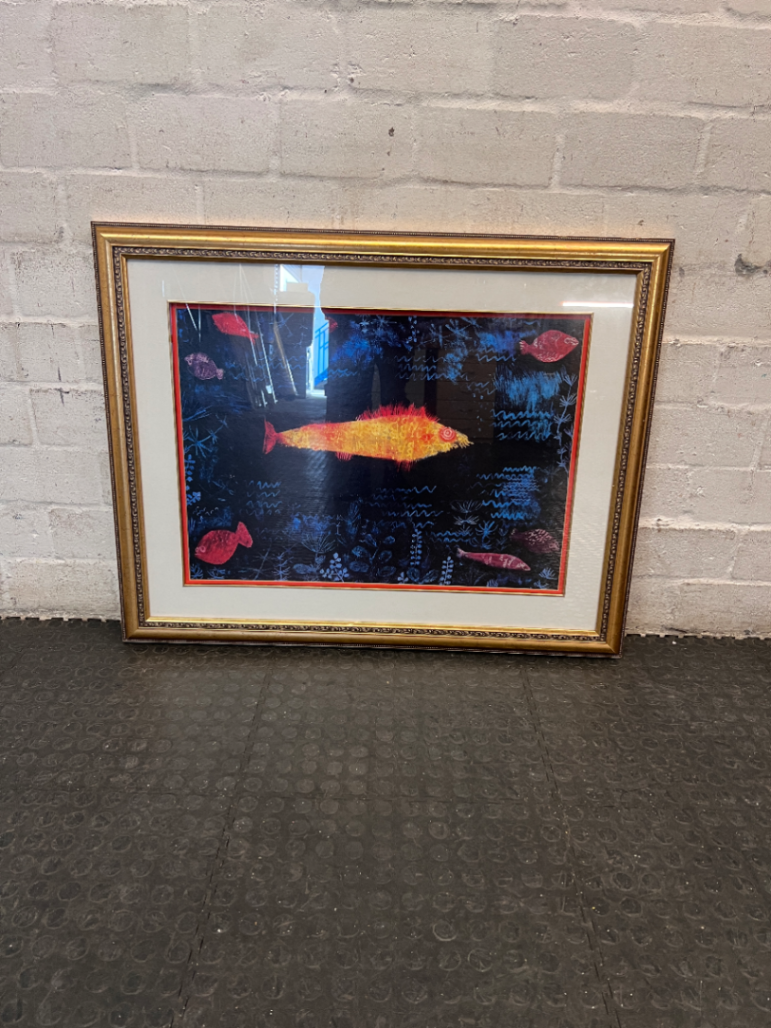 Whimsical Abstract Fish Print in Ornate Gold Frame — Good Overall Condition