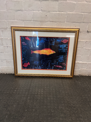 Whimsical Abstract Fish Print in Ornate Gold Frame — Good Overall Condition