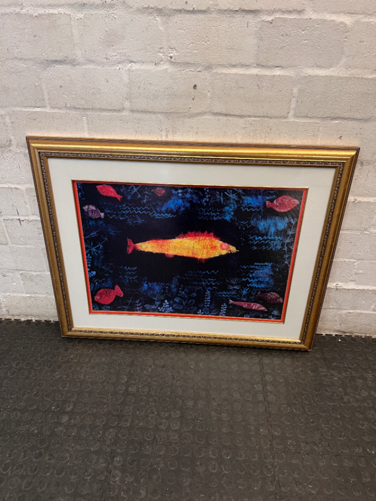 Whimsical Abstract Fish Print in Ornate Gold Frame — Good Overall Condition