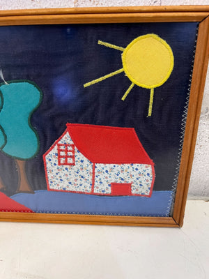 Whimsical Framed Fabric Art – Colorful House & Trees Design