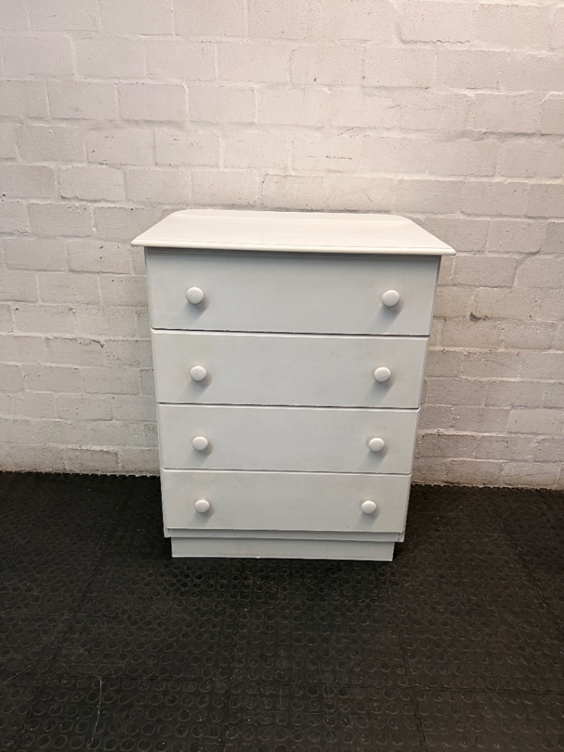 White 4-Drawer Chest with Round Knobs — Worn Paint Finish and Surface Bumps