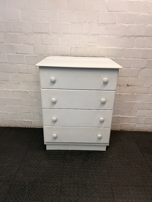 White 4-Drawer Chest with Round Knobs — Worn Paint Finish and Surface Bumps