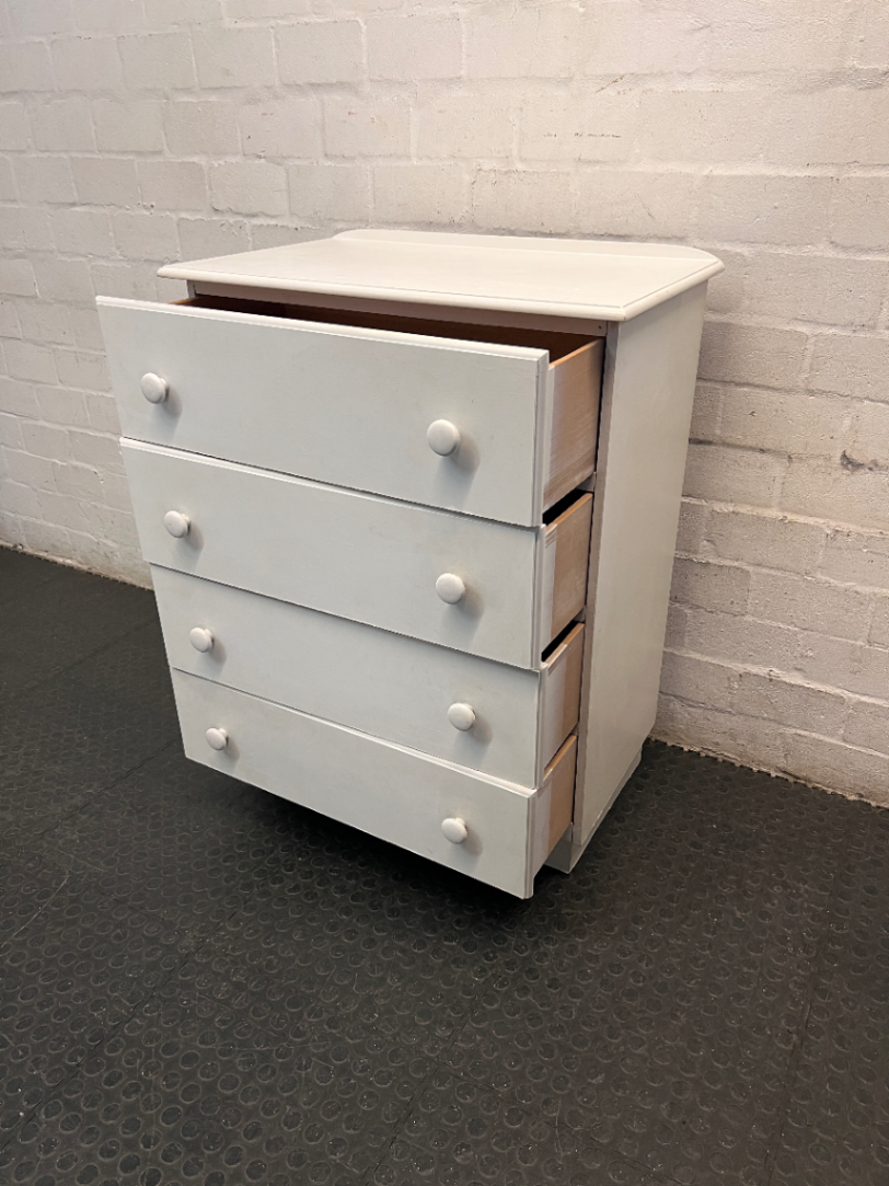 White 4-Drawer Chest with Round Knobs — Worn Paint Finish and Surface Bumps