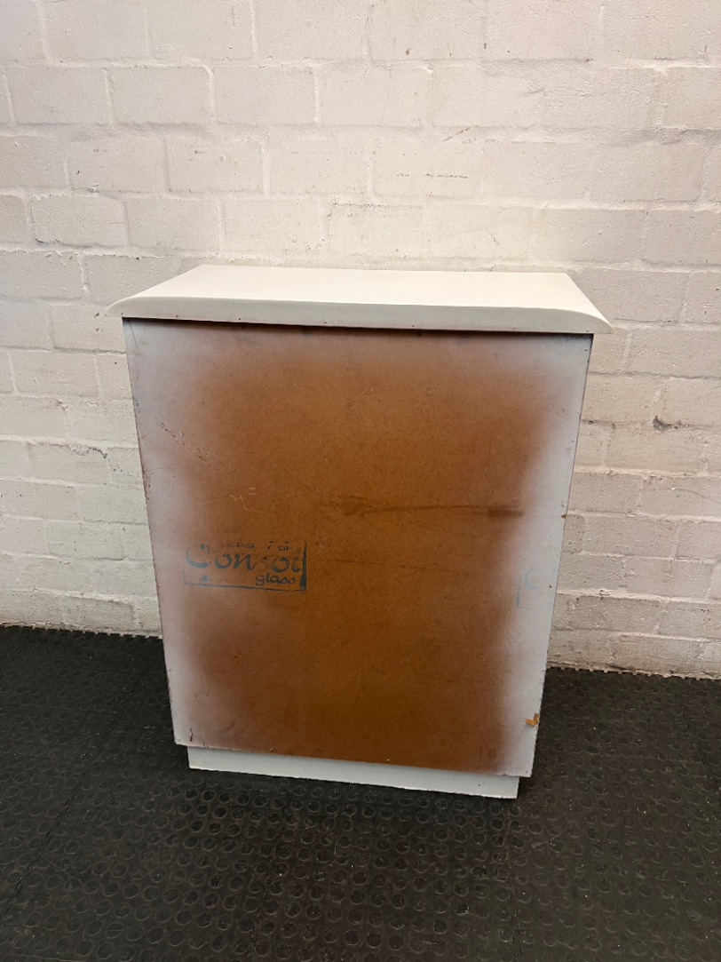 White 4-Drawer Chest with Round Knobs — Worn Paint Finish and Surface Bumps