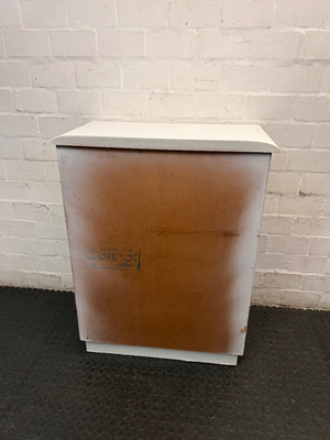 White 4-Drawer Chest with Round Knobs — Worn Paint Finish and Surface Bumps