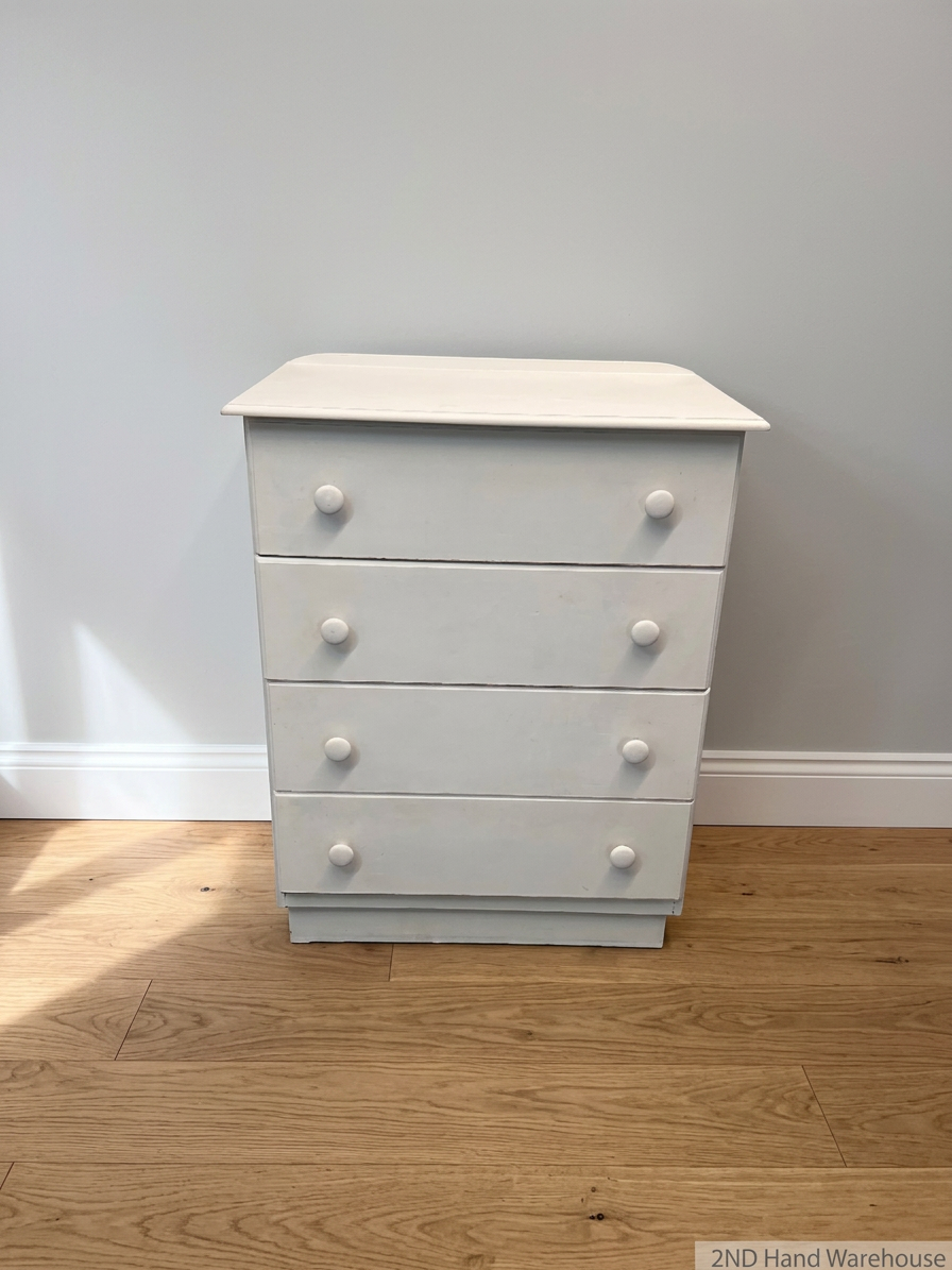 White 4-Drawer Chest with Round Knobs — Worn Paint Finish and Surface Bumps