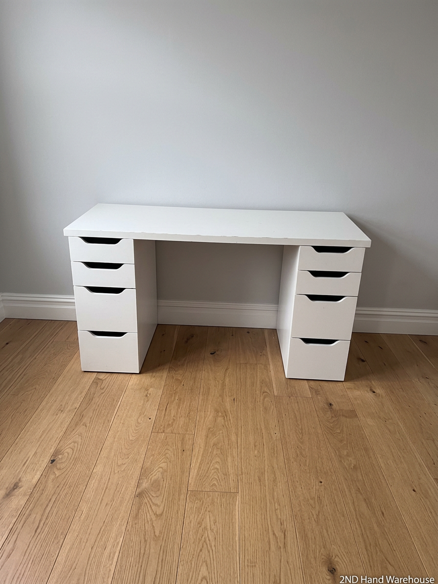 White 8-Drawer Dressing Table with Integrated Handles — Visible Surface Scratches