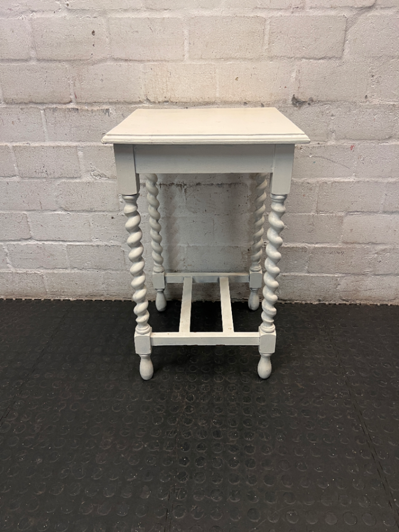 White Side Table with Barley Twist Legs — Fair Condition with Visible Wear