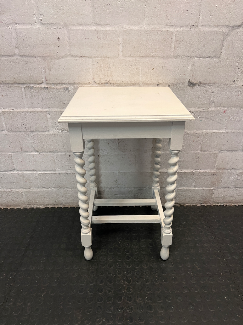 White Side Table with Barley Twist Legs — Fair Condition with Visible Wear