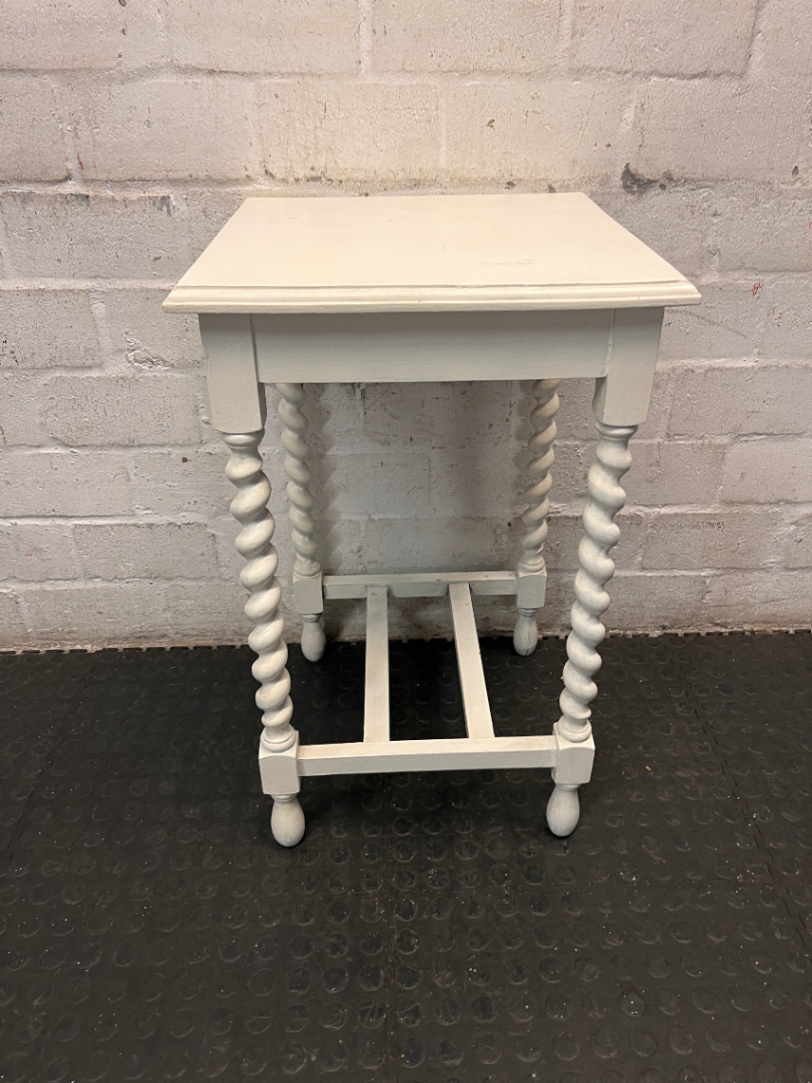 White Side Table with Barley Twist Legs — Fair Condition with Visible Wear