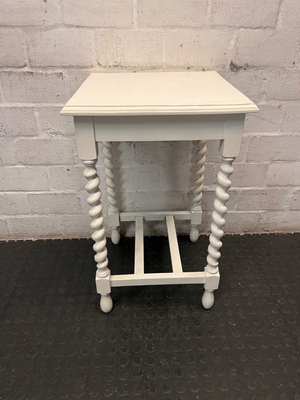 White Side Table with Barley Twist Legs — Fair Condition with Visible Wear