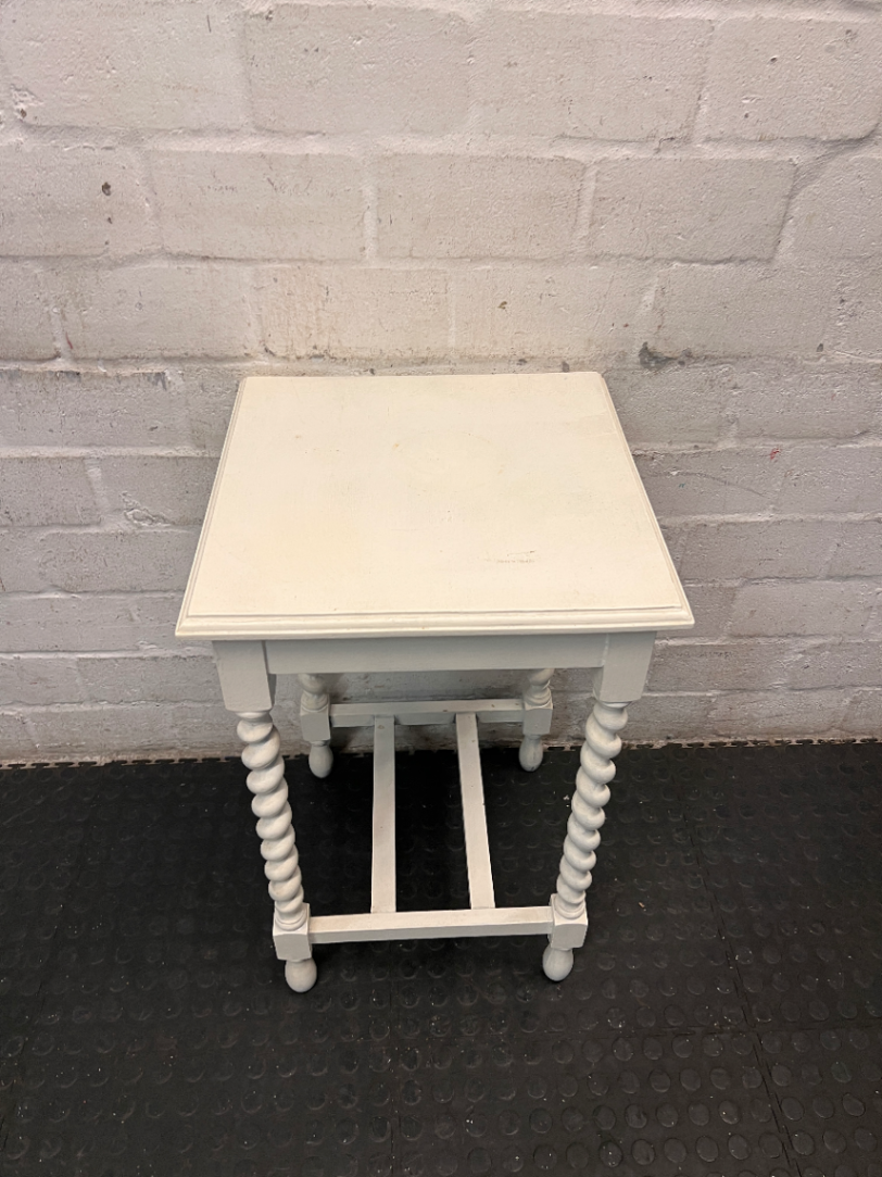 White Side Table with Barley Twist Legs — Fair Condition with Visible Wear