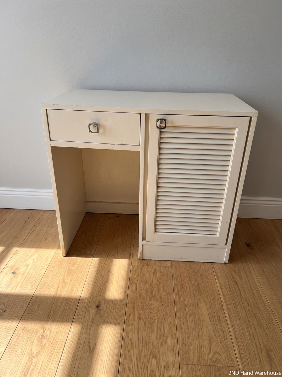White Louvre-Door Storage Cabinet - Visible Wear to Edges - 2ndhandwarehouse.com